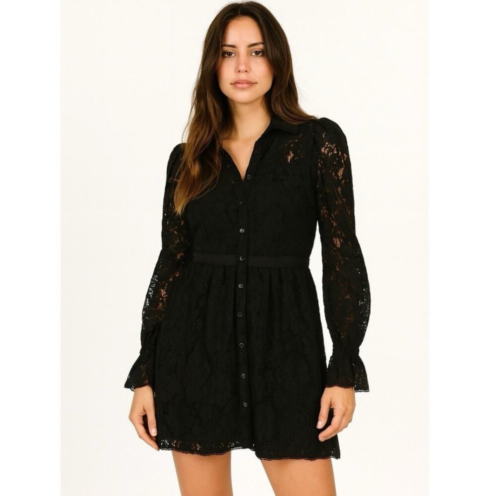 Rachel Parcell Black Lace Puff Shoulder Ruffle Cuff Shirt Dress Mini L